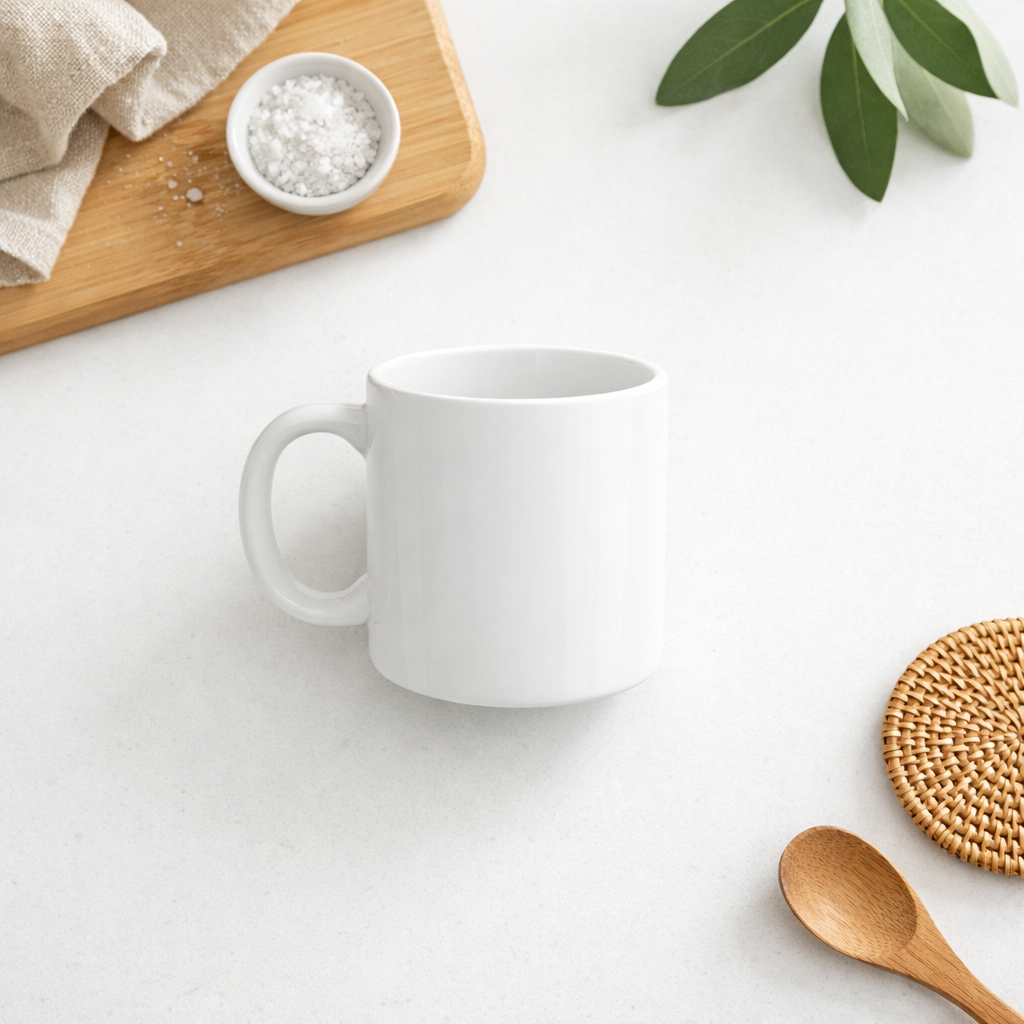 White ceramic mug in a calm kitchen scene